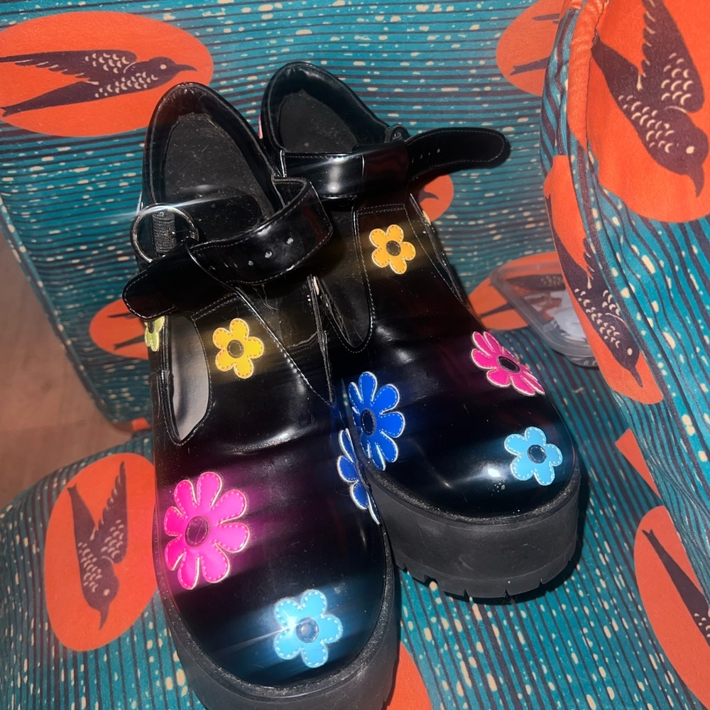 Dolls Kill Black Platform Shoes with Colorful Floral Accents